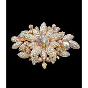 Vintage Baroque Faux Pearl Large AB Rhinestone Judy Lee Brooch Pin #C-3